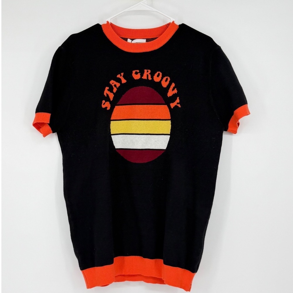 Oxknitstore Stay Groovy Graphic Short Sleeve Knit Sweater XXL Black Orange